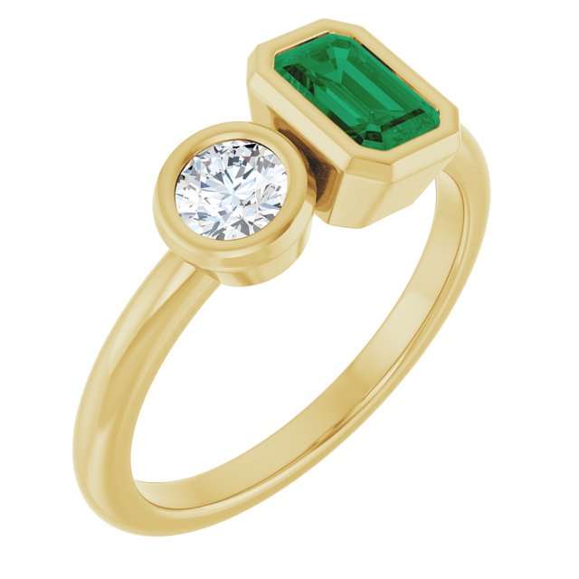 Moi et Toi Accent Ring- 14k Gold with Lab Diamond and Emerald