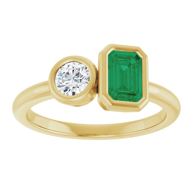 Moi et Toi Accent Ring- 14k Gold with Lab Diamond and Emerald