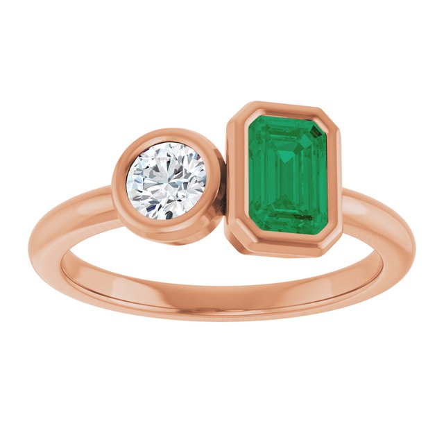 Moi et Toi Accent Ring- 14k Gold with Lab Diamond and Emerald