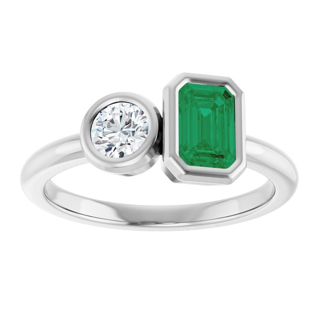 Moi et Toi Accent Ring- 14k Gold with Lab Diamond and Emerald