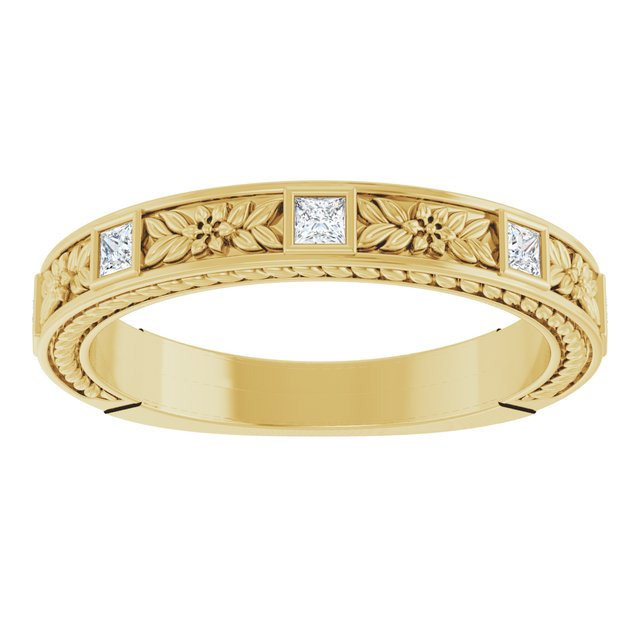 Myrtle Floral Engraved 3/4 Eternity Band with Princess Cut Lab Diamonds
