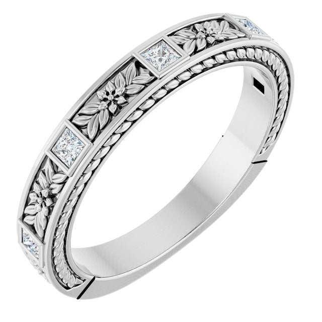 Myrtle Floral Engraved 3/4 Eternity Band with Princess Cut Lab Diamonds