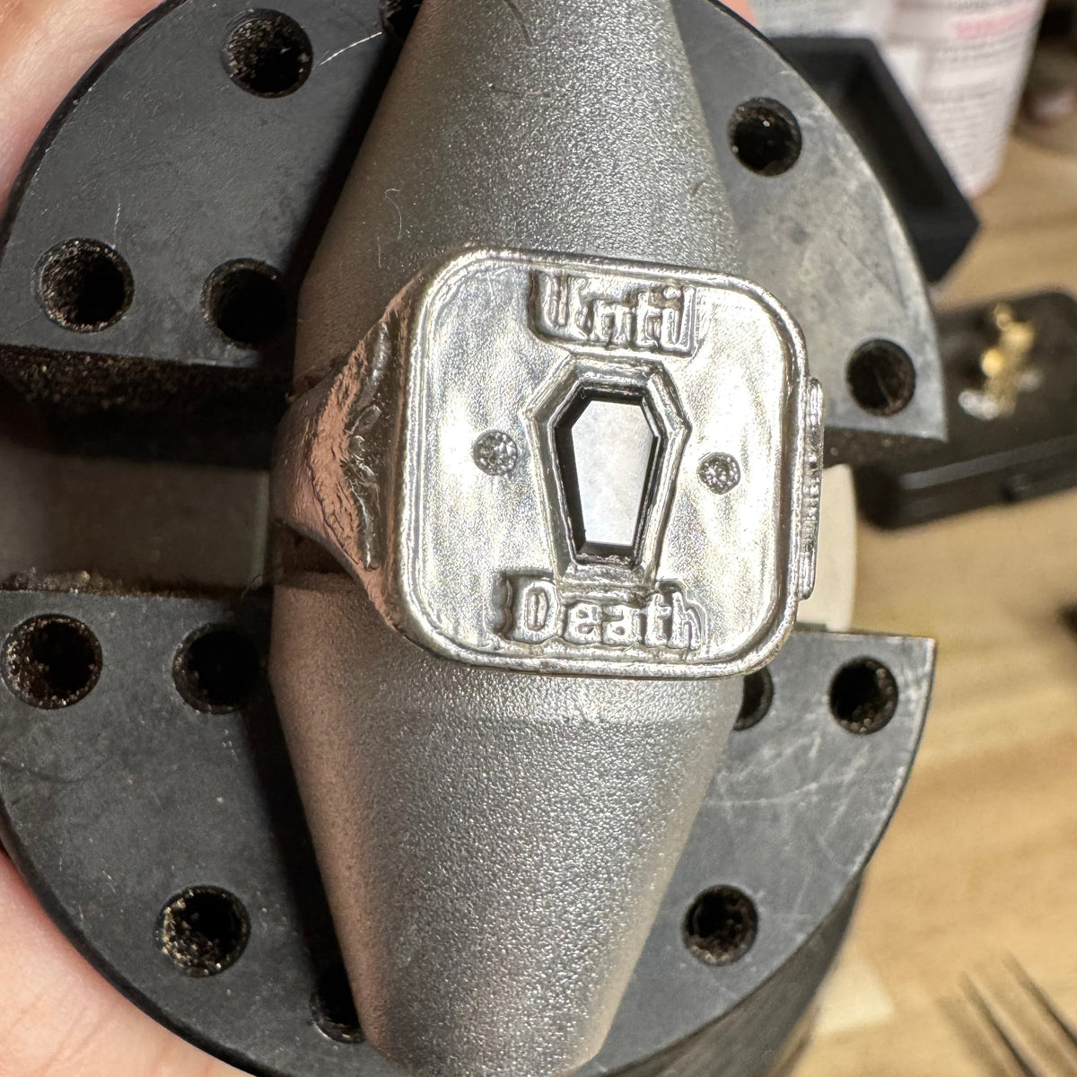 0.7 ct natural black coffin shaped diamond in sterling silver signet ring embossed with the phrase Until Death