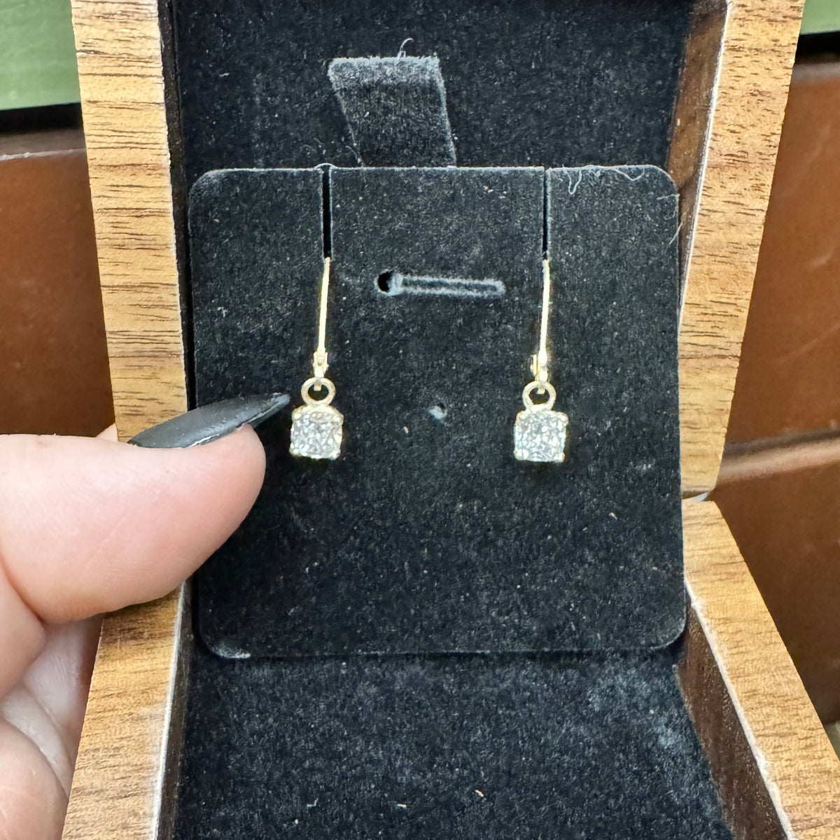 Cushion Cut Diamond drop earrings in 14k yellow gold with lever back closures