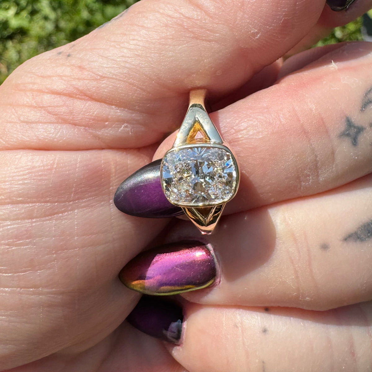 2.07 carat Elongated Cushion Cut Lab Diamond in Yellow Gold Bezel with split shank setting