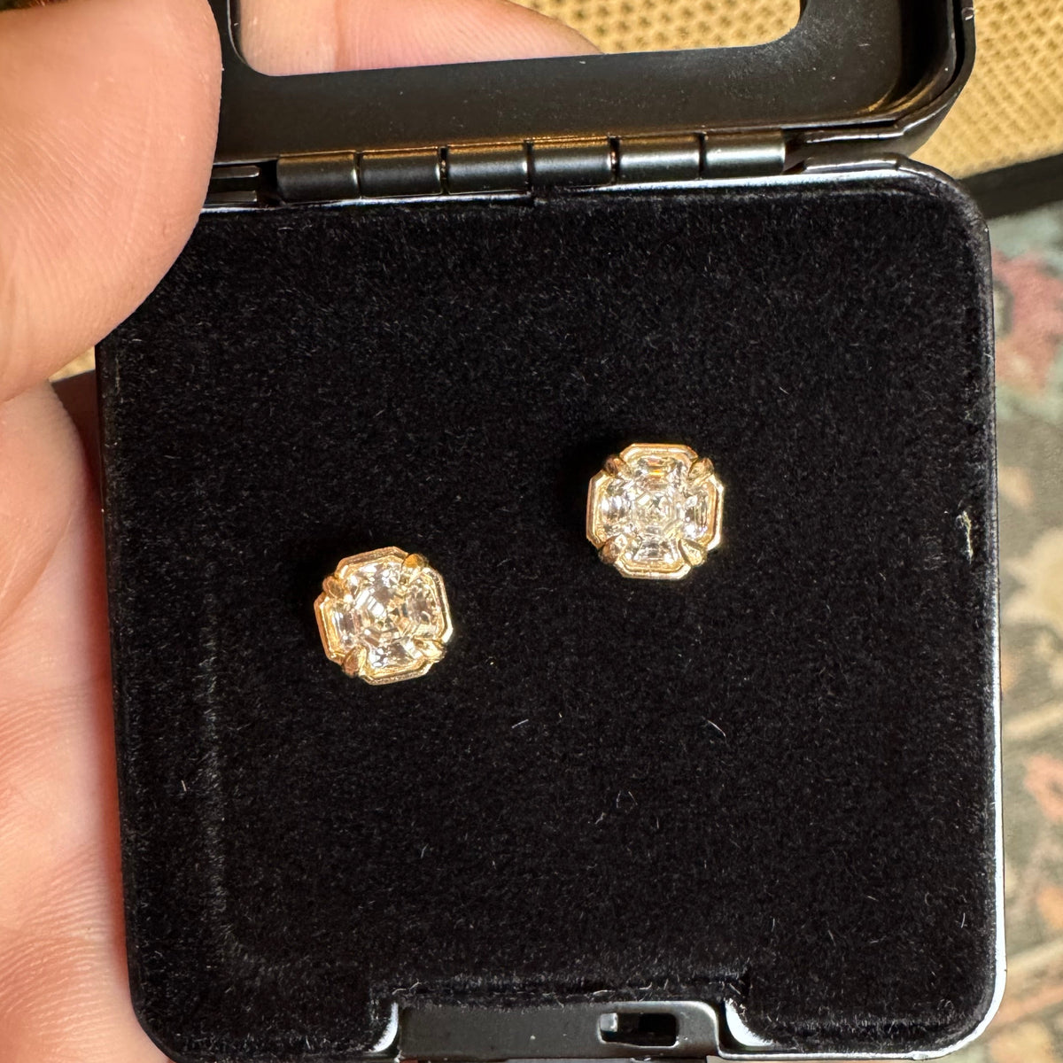 1.96 ctw Step Cut Octagon in Yellow Gold Faux Bezel Stud Earring with claw prongs