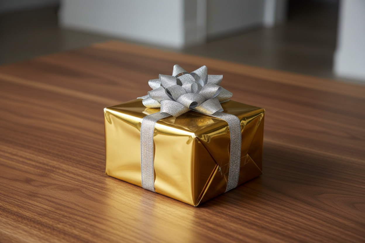 Shiny gold gift box with a silver bow on a large walnut table